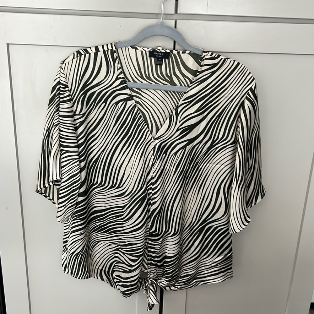 Haver London Black White Front Knot Top Blouse Lightweight V Neck Zebra Large L